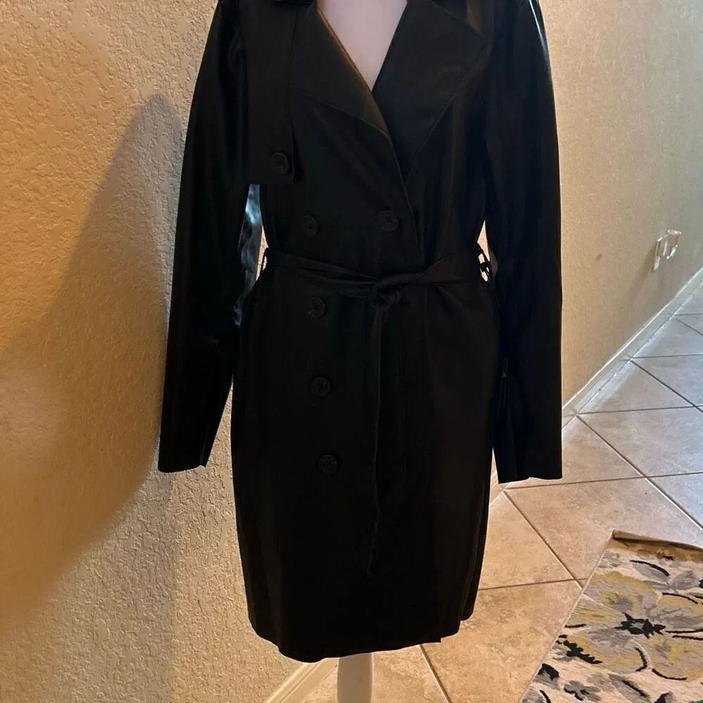 BlankNYC Size L Belted Dressy Trench Coat Black Faux Leather Classic Evening NWT